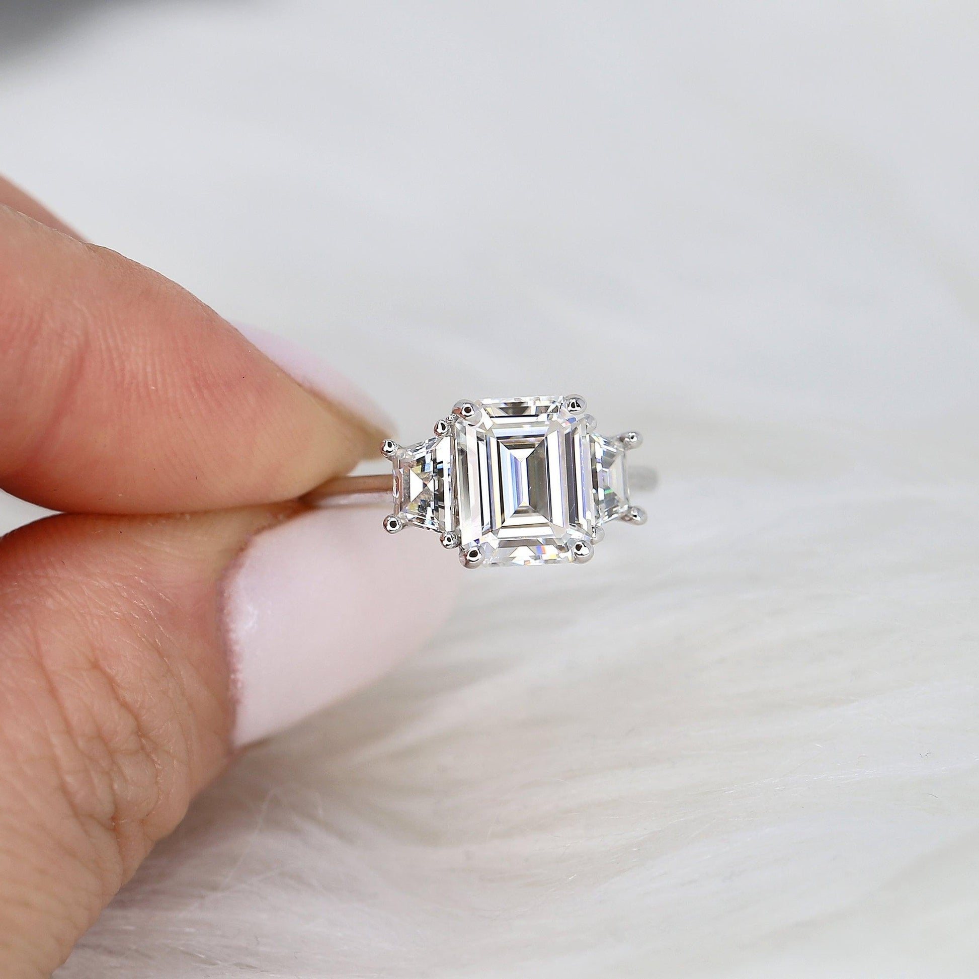 3.6 CT Emerald Three Stone Moissanite Engagement Ring