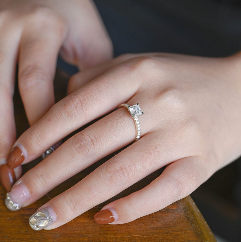1.5 CT Princess Pave Moissanite Engagement Ring