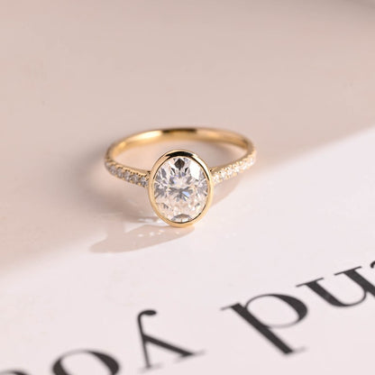 2.0 CT Oval Bezel & Pave Moissanite Engagement Ring