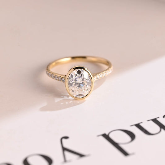 2.0 CT Oval Bezel & Pave Moissanite Engagement Ring