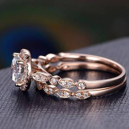 0.75 CT Round Vintage Halo & Pave Moissanite Bridal Set