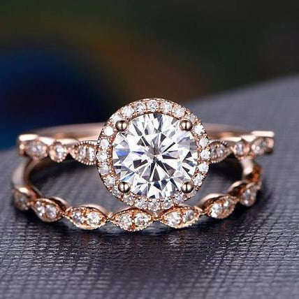 0.75 CT Round Vintage Halo & Pave Moissanite Bridal Set