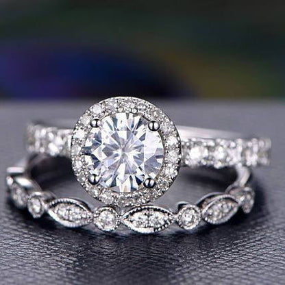 1 CT Round Halo & Pave Moissanite Bridal Set