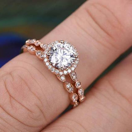 0.75 CT Round Vintage Halo & Pave Moissanite Bridal Set