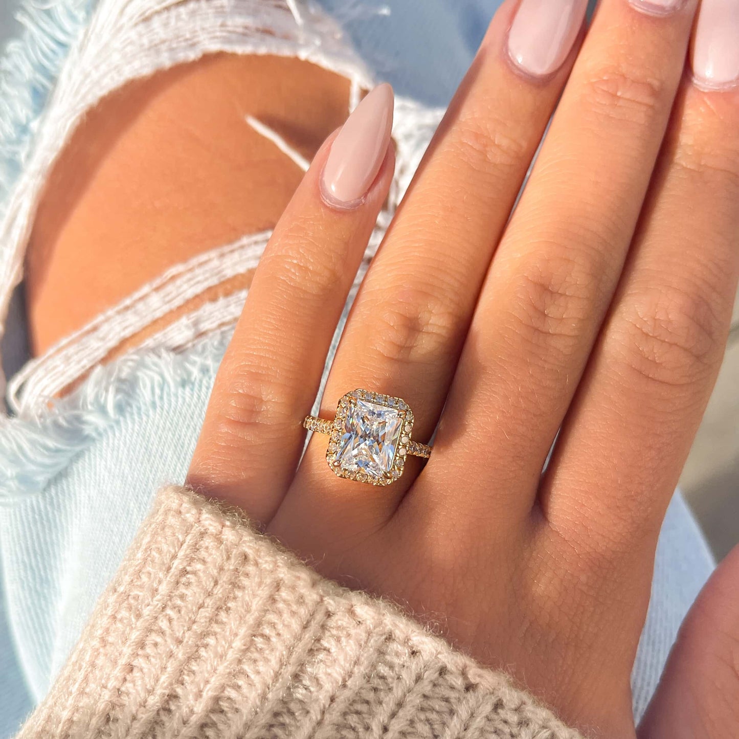 1.5 CT Radiant Halo & Pave Moissanite Engagement Ring