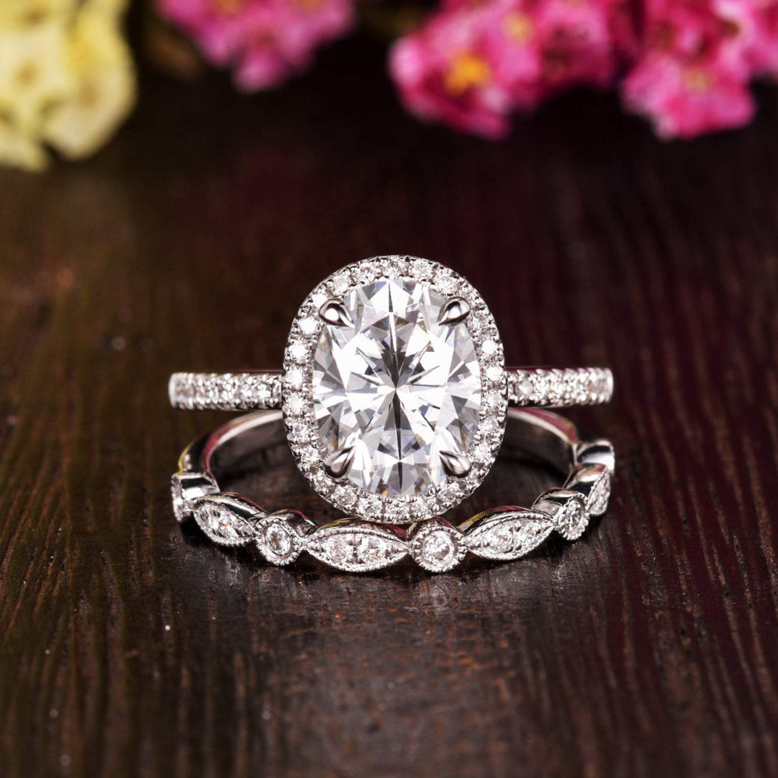 1.5 CT Oval Halo & Pave Moissanite Bridal Set
