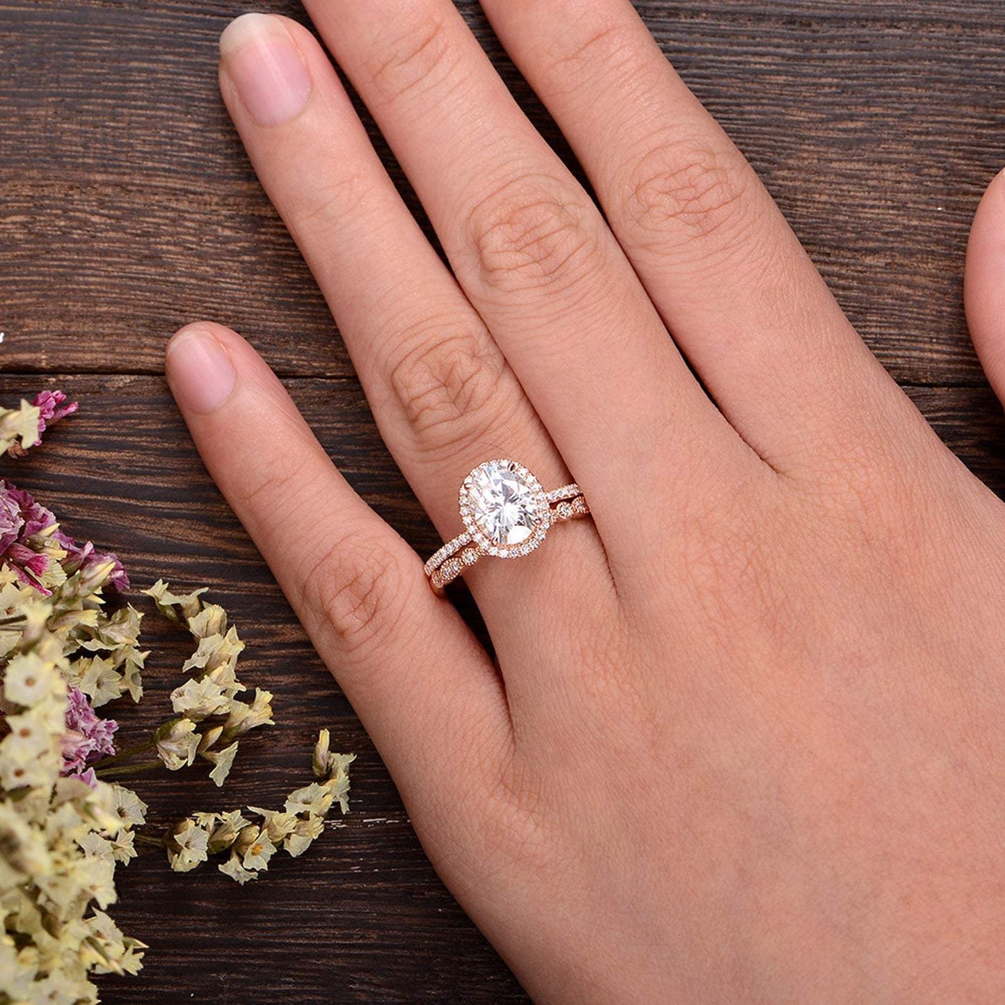 1.5 CT Oval Halo & Pave Moissanite Bridal Set