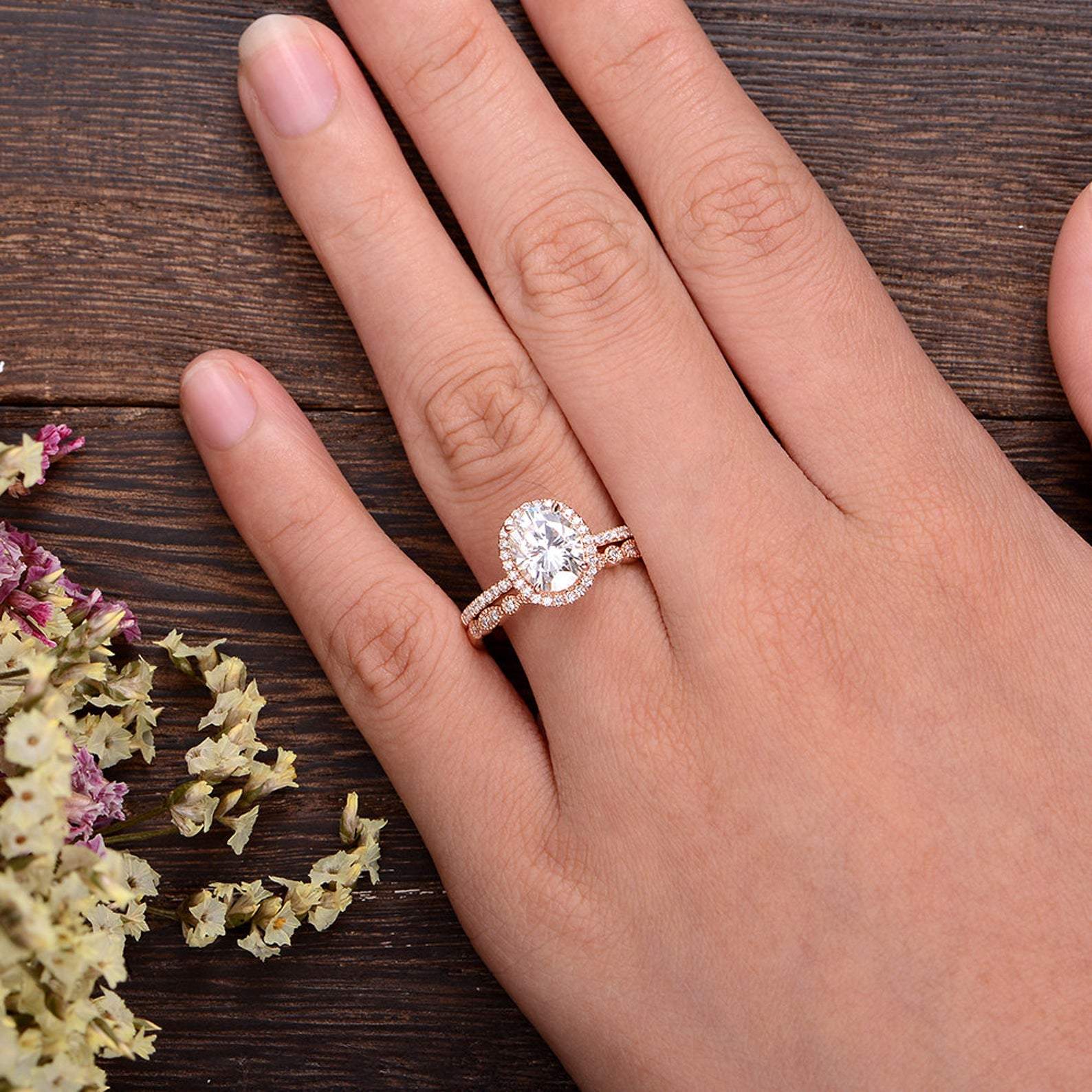 1.5 CT Oval Halo & Pave Moissanite Bridal Set