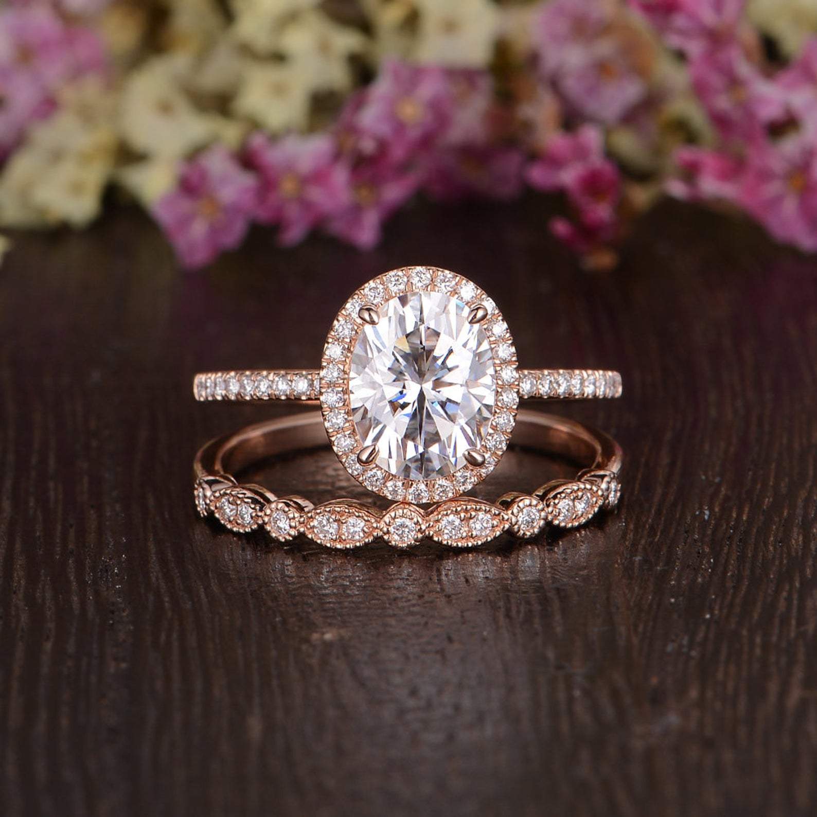 1.5 CT Oval Halo & Pave Moissanite Bridal Set