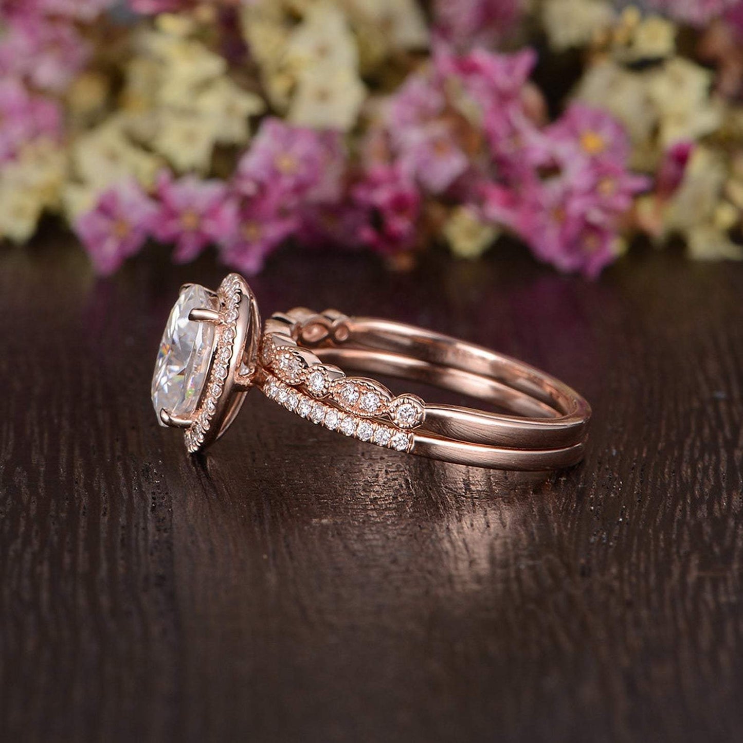 1.5 CT Oval Halo & Pave Moissanite Bridal Set