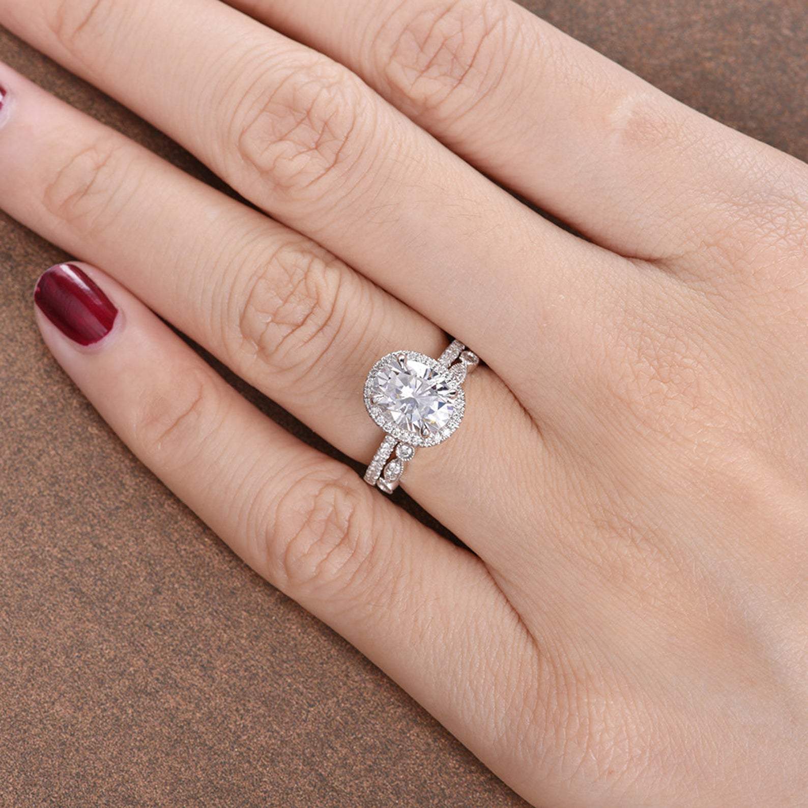 1.5 CT Oval Halo & Pave Moissanite Bridal Set