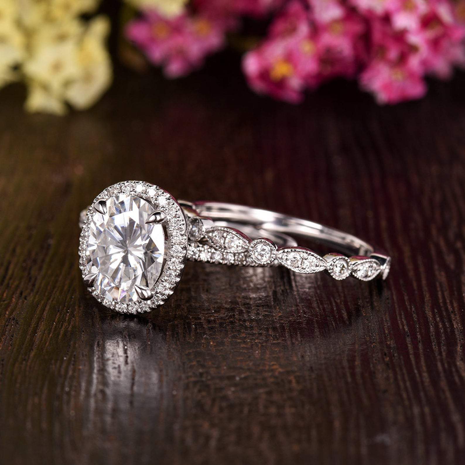 1.5 CT Oval Halo & Pave Moissanite Bridal Set