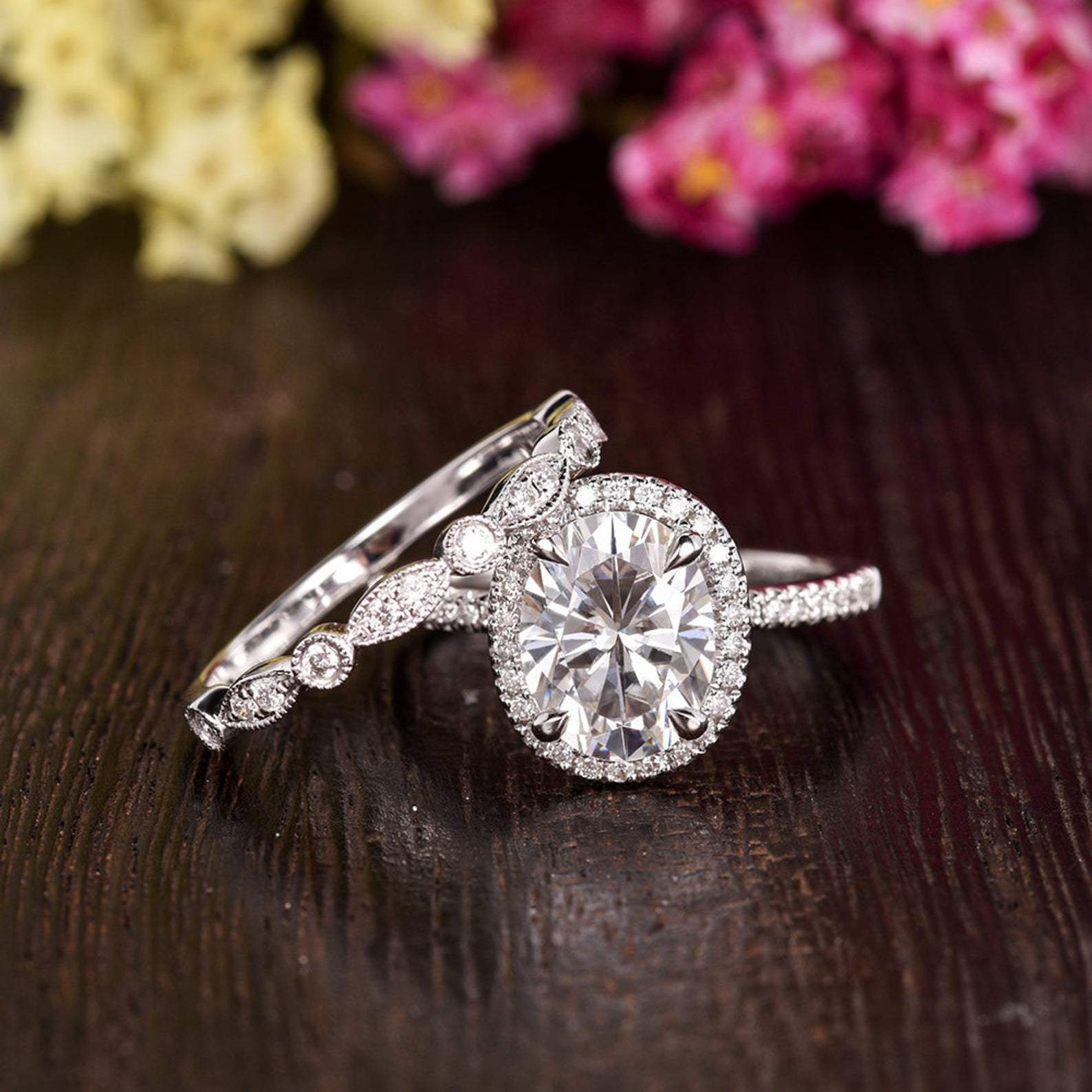 1.5 CT Oval Halo & Pave Moissanite Bridal Set