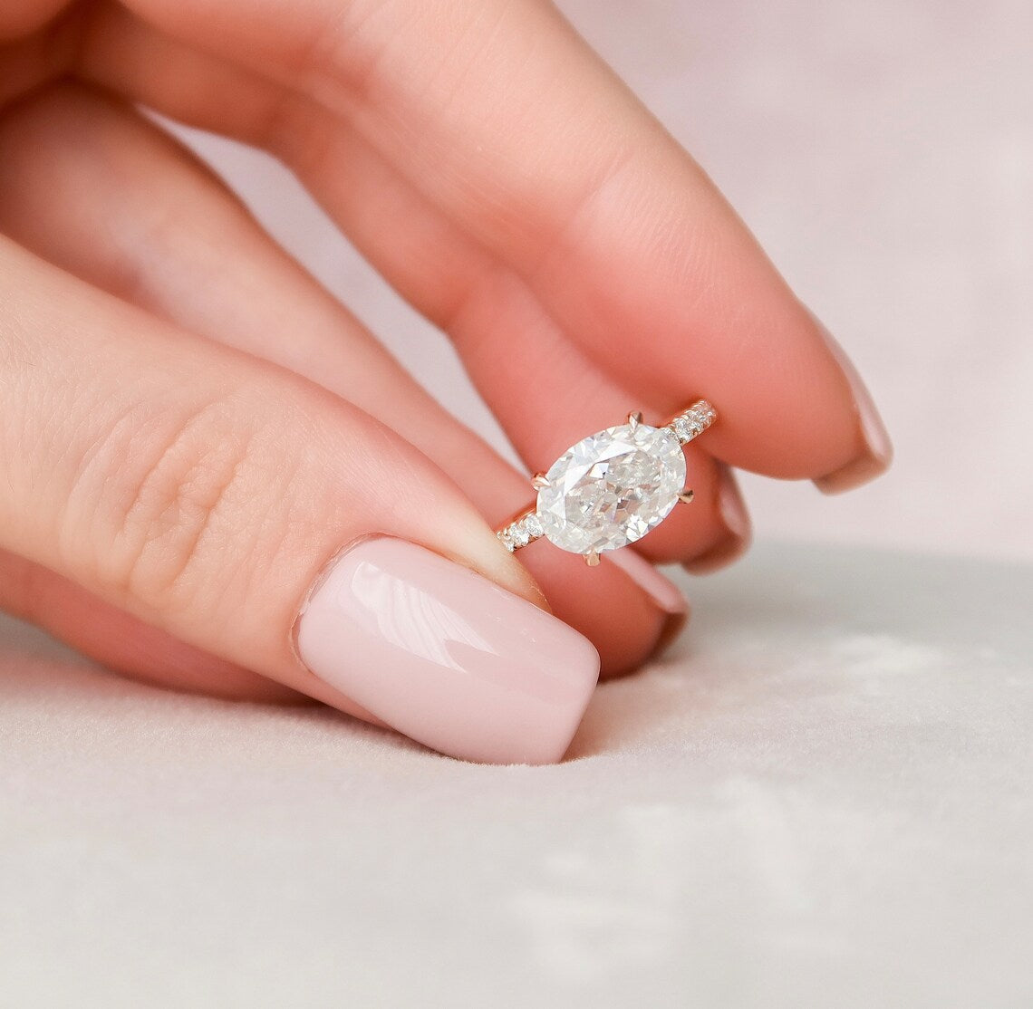 2.5 CT East West Oval Hidden Halo & Pave Moissanite Engagement Ring