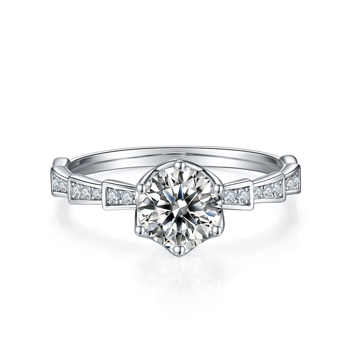 1 CT Round Shaped Moissanite Engagement Ring In Pave Design