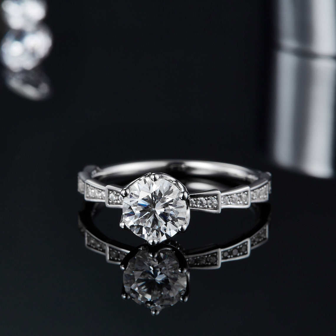 1 CT Round Shaped Moissanite Engagement Ring In Pave Design