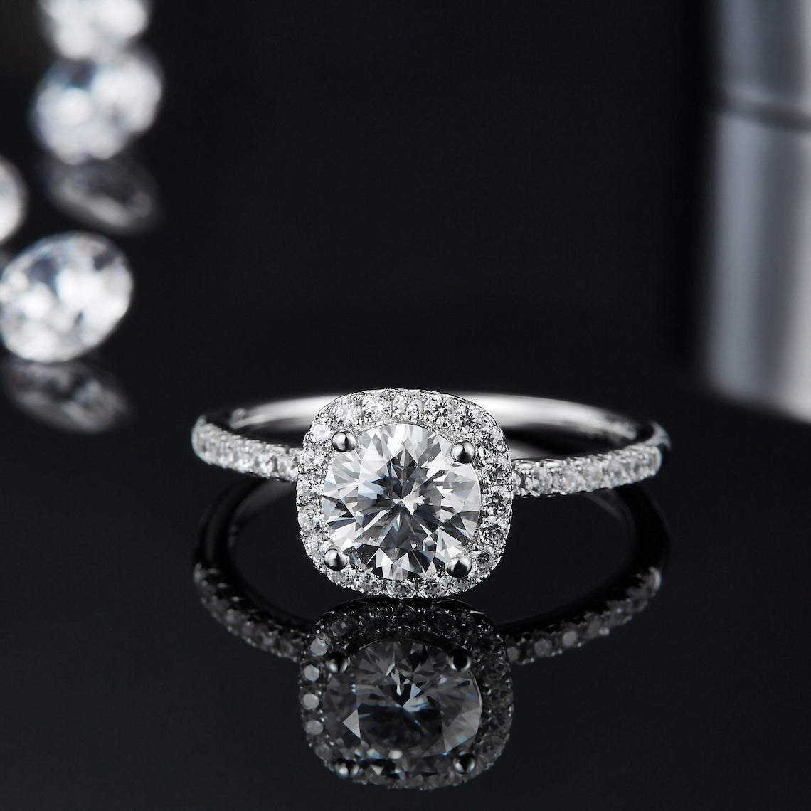 1 CT Round Shaped Moissanite Engagement Ring In Halo & Pave Design