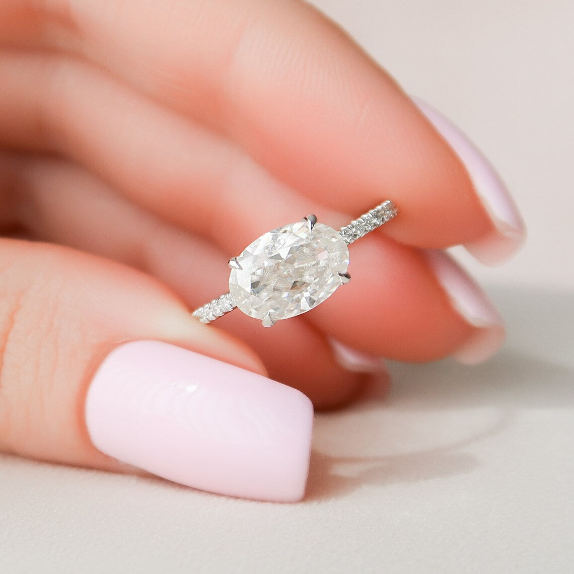 2.5 CT East West Oval Hidden Halo & Pave Moissanite Engagement Ring