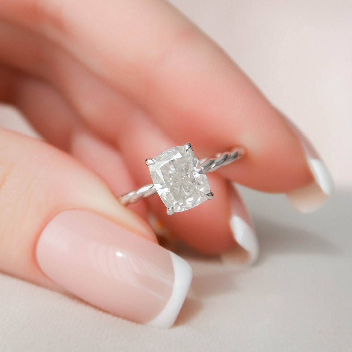 2 CT Elongated Cushion Hidden Halo Moissanite Engagement Ring