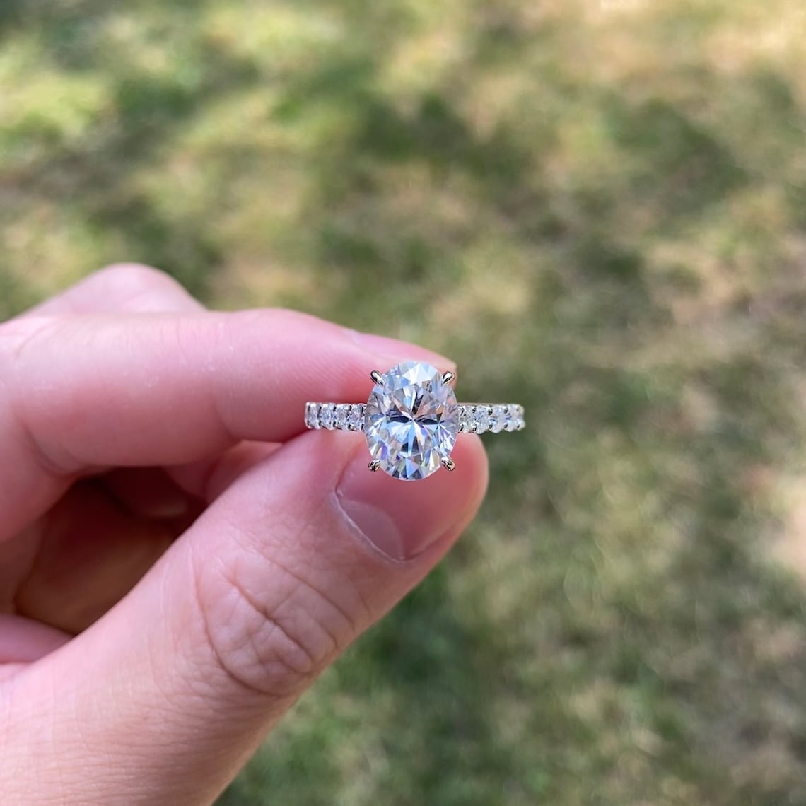 3 CT Oval Shaped Moissanite Engagement Ring In Hidden Halo Design