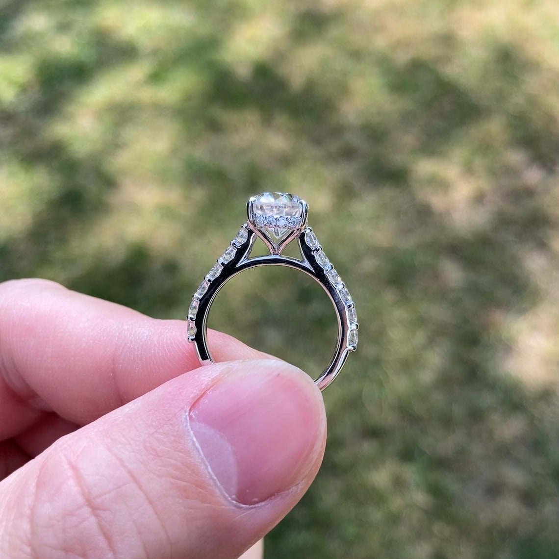 3 CT Oval Shaped Moissanite Engagement Ring In Hidden Halo Design