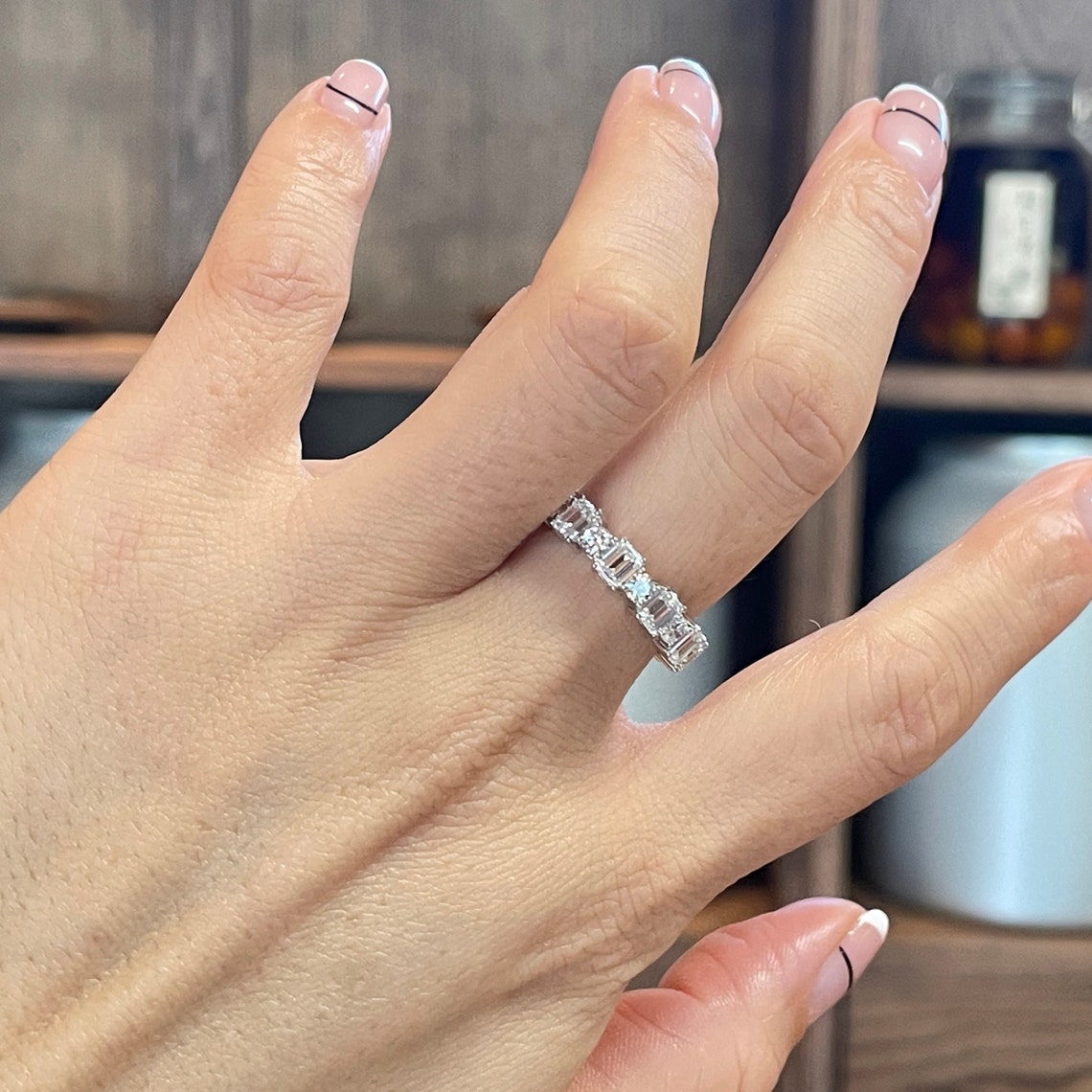 0.7 TCW Emerald & Round Full Eternity Moissanite Wedding Band