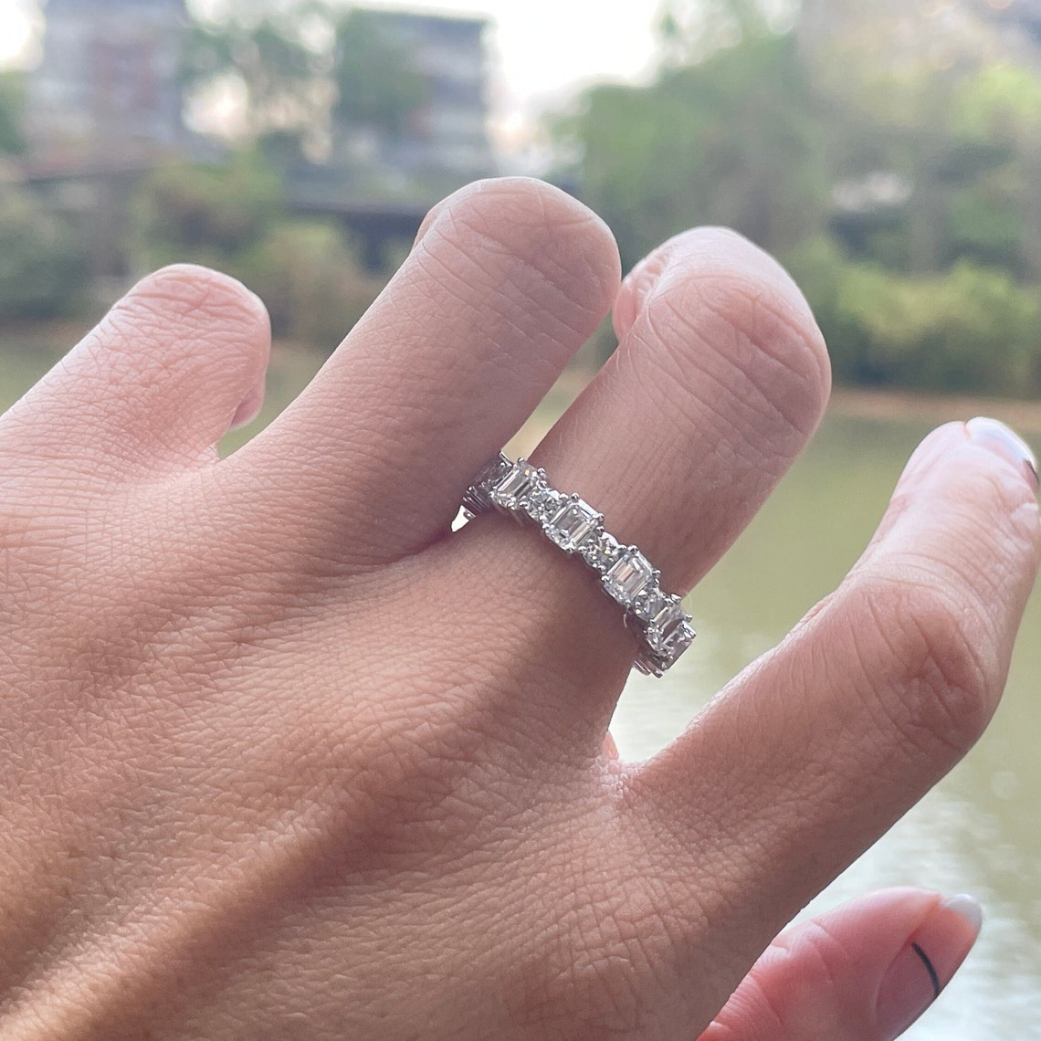 0.7 TCW Emerald & Round Full Eternity Moissanite Wedding Band