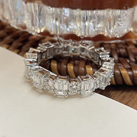 0.7 TCW Emerald & Round Full Eternity Moissanite Wedding Band
