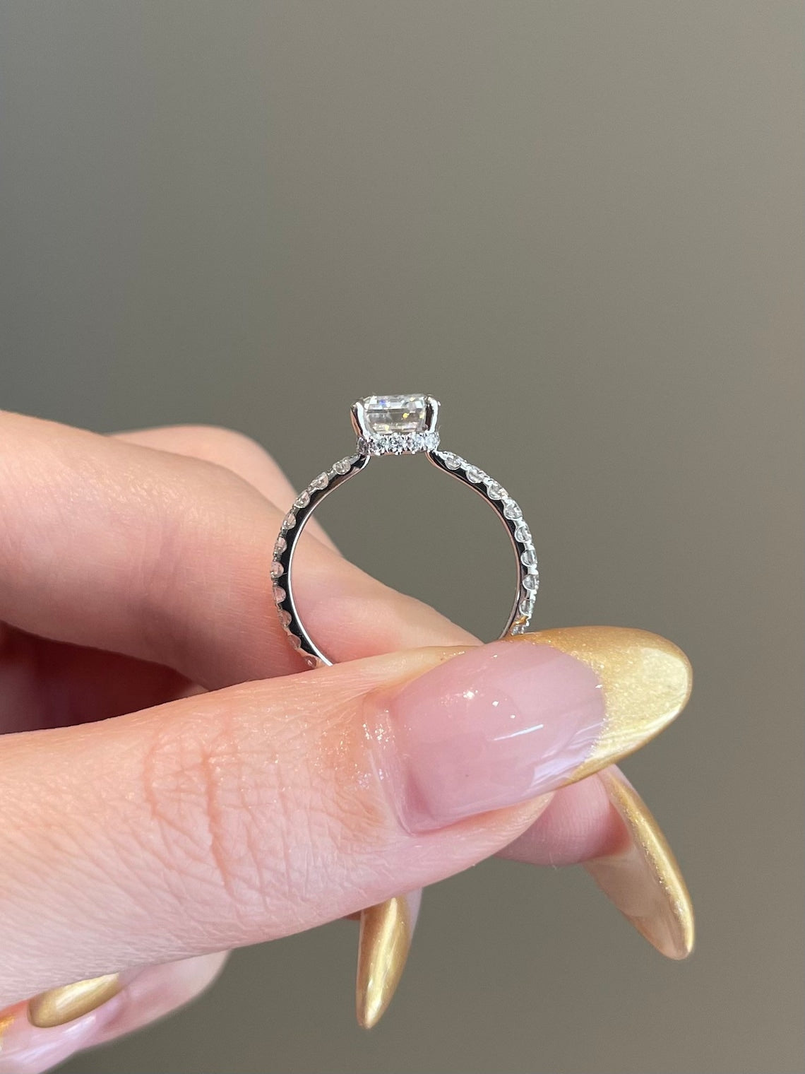 2 CT Emerald Shaped Moissanite Engagement Ring In Hidden Halo Design