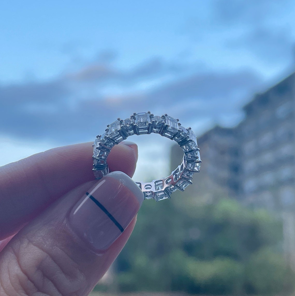 0.7 TCW Emerald & Round Full Eternity Moissanite Wedding Band