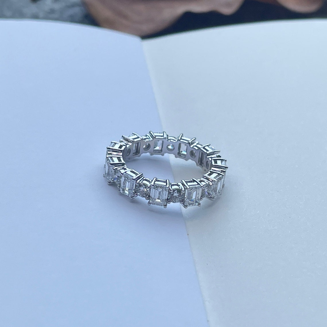 0.7 TCW Emerald & Round Full Eternity Moissanite Wedding Band