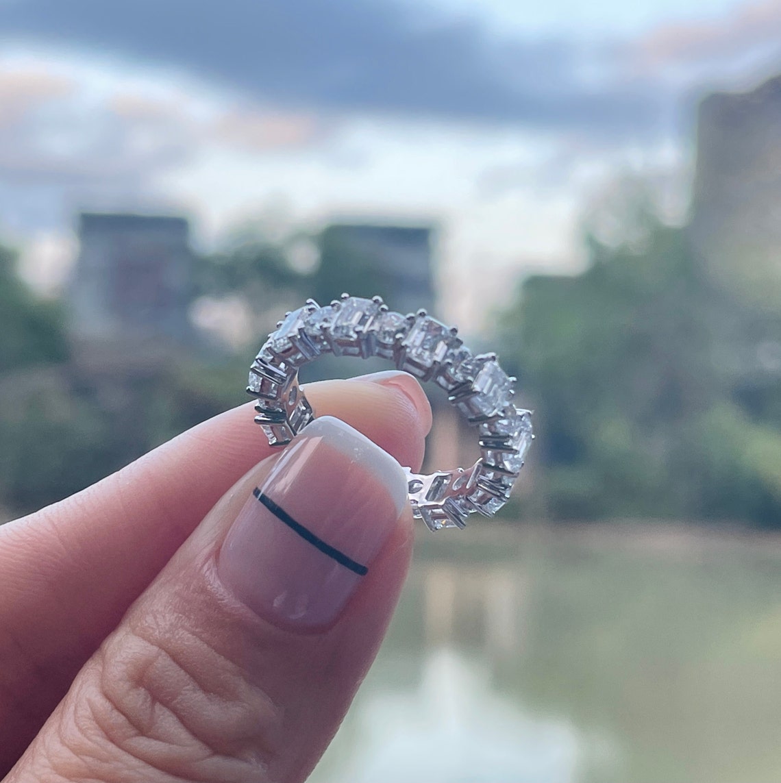 0.7 TCW Emerald & Round Full Eternity Moissanite Wedding Band