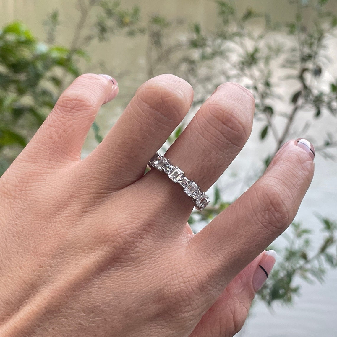 0.7 TCW Emerald & Round Full Eternity Moissanite Wedding Band