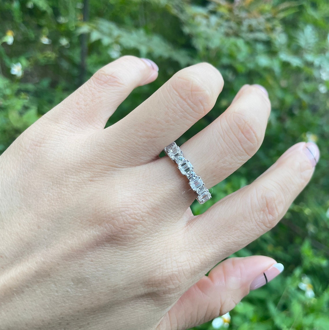 0.7 TCW Emerald & Round Full Eternity Moissanite Wedding Band