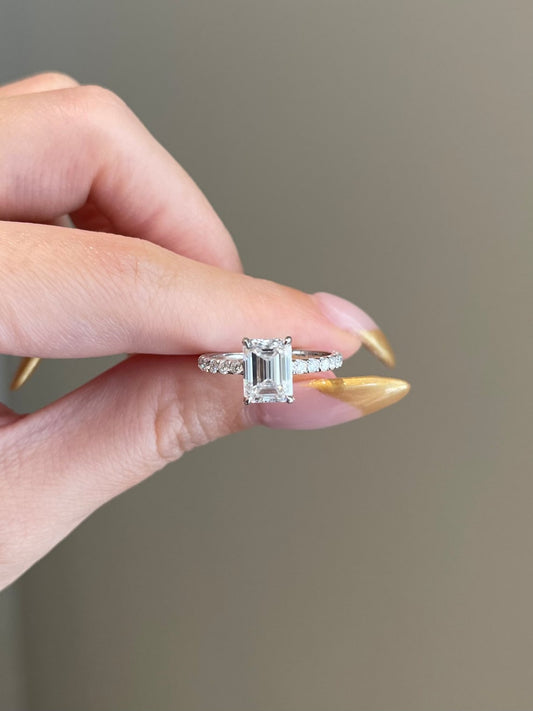 2 CT Emerald Shaped Moissanite Engagement Ring In Hidden Halo Design