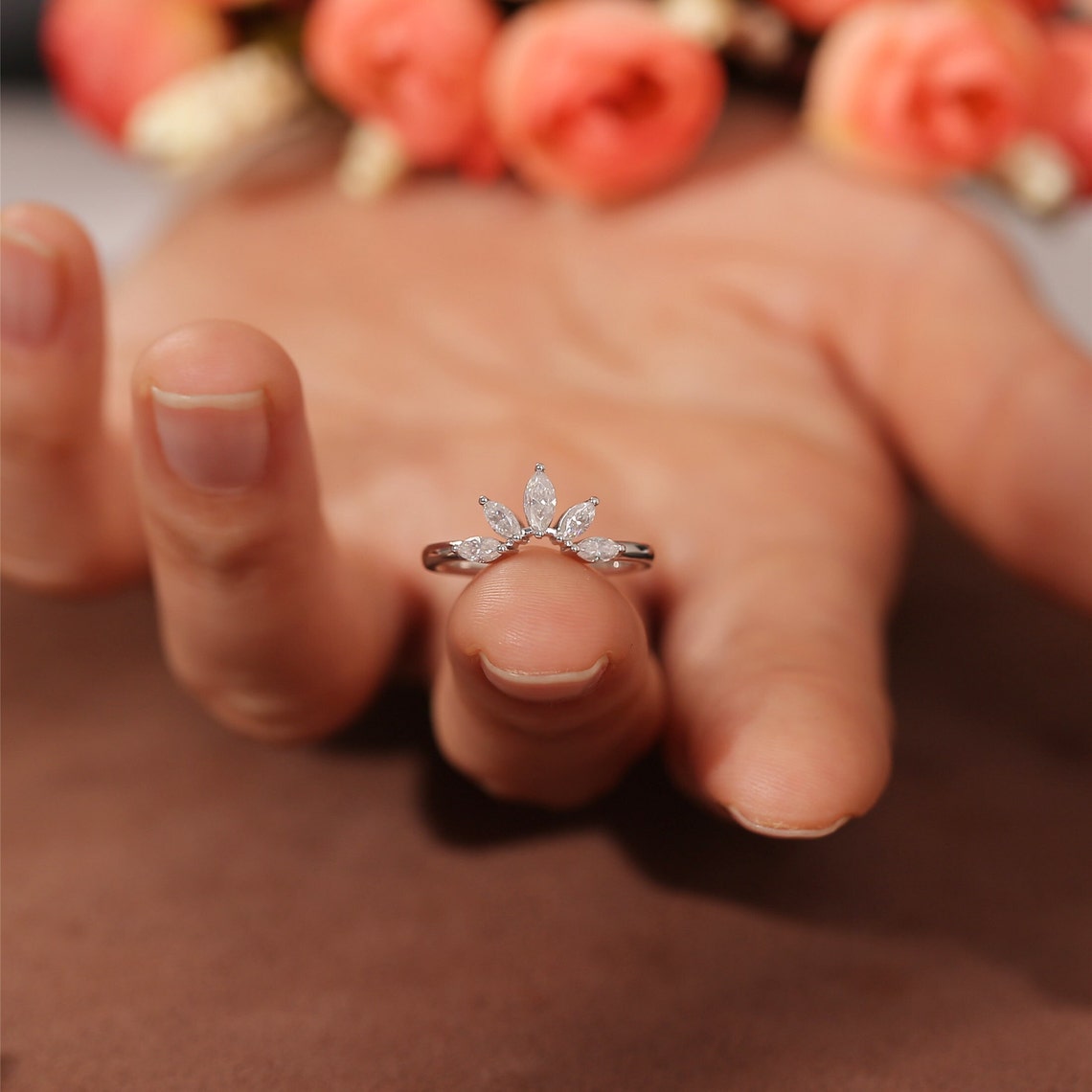 0.15 TCW Marquise Curved Moissanite Wedding Band