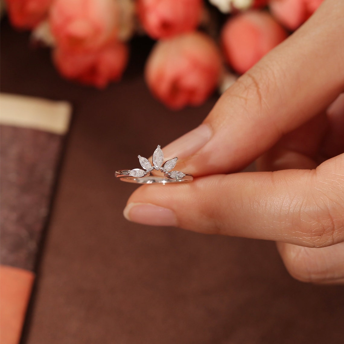 0.15 TCW Marquise Curved Moissanite Wedding Band