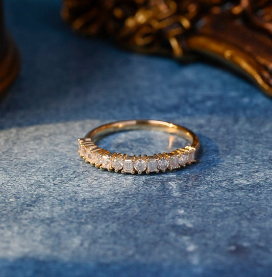 0.2 TCW Emerald & Round Half Eternity Moissanite Wedding Band