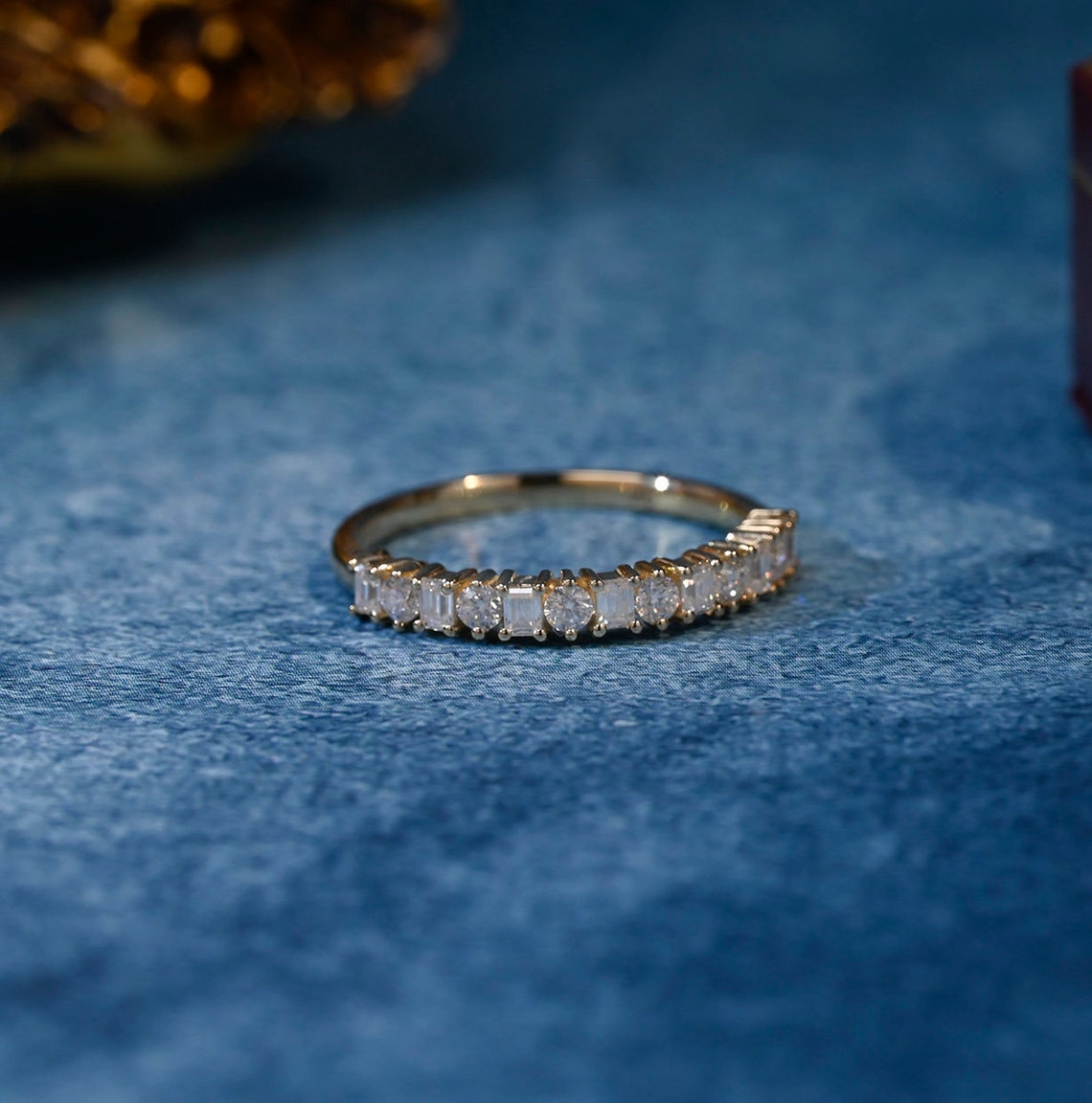 0.2 TCW Emerald & Round Half Eternity Moissanite Wedding Band