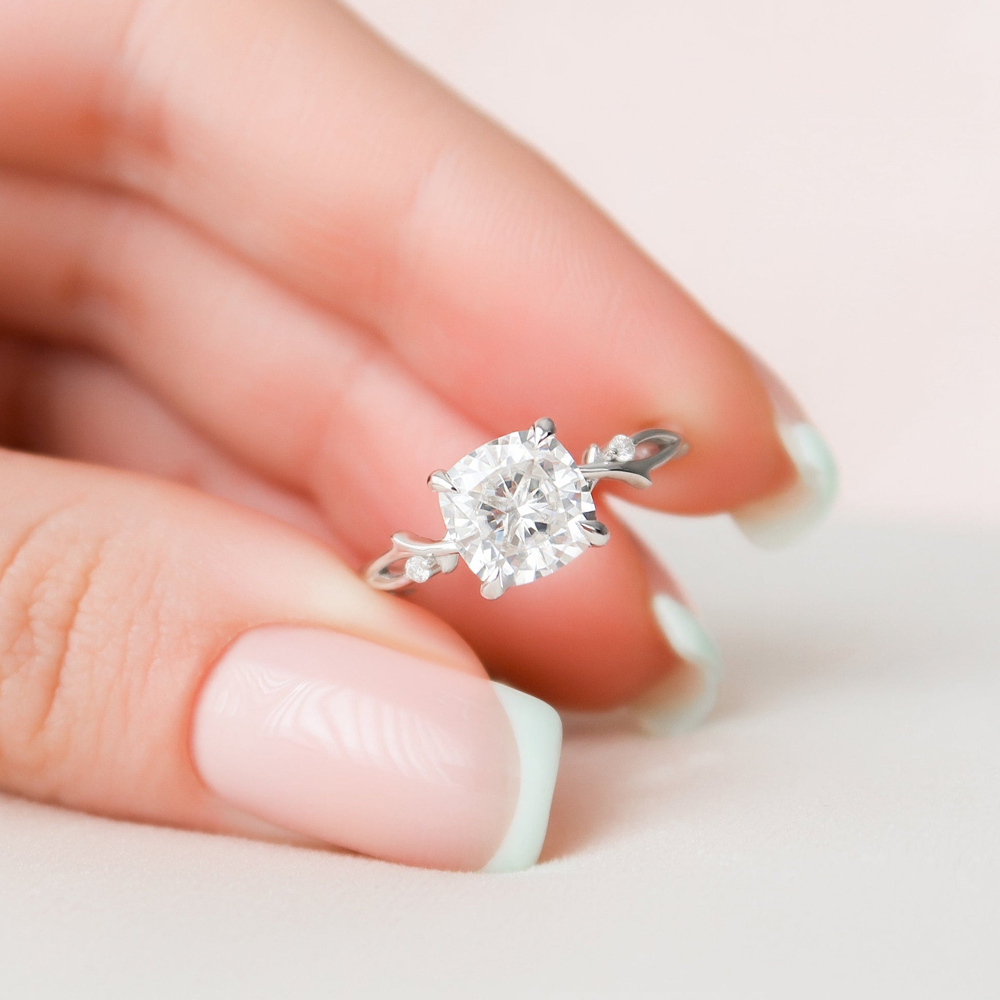 2 CT Cushion Twig Pave Moissanite Engagement Ring