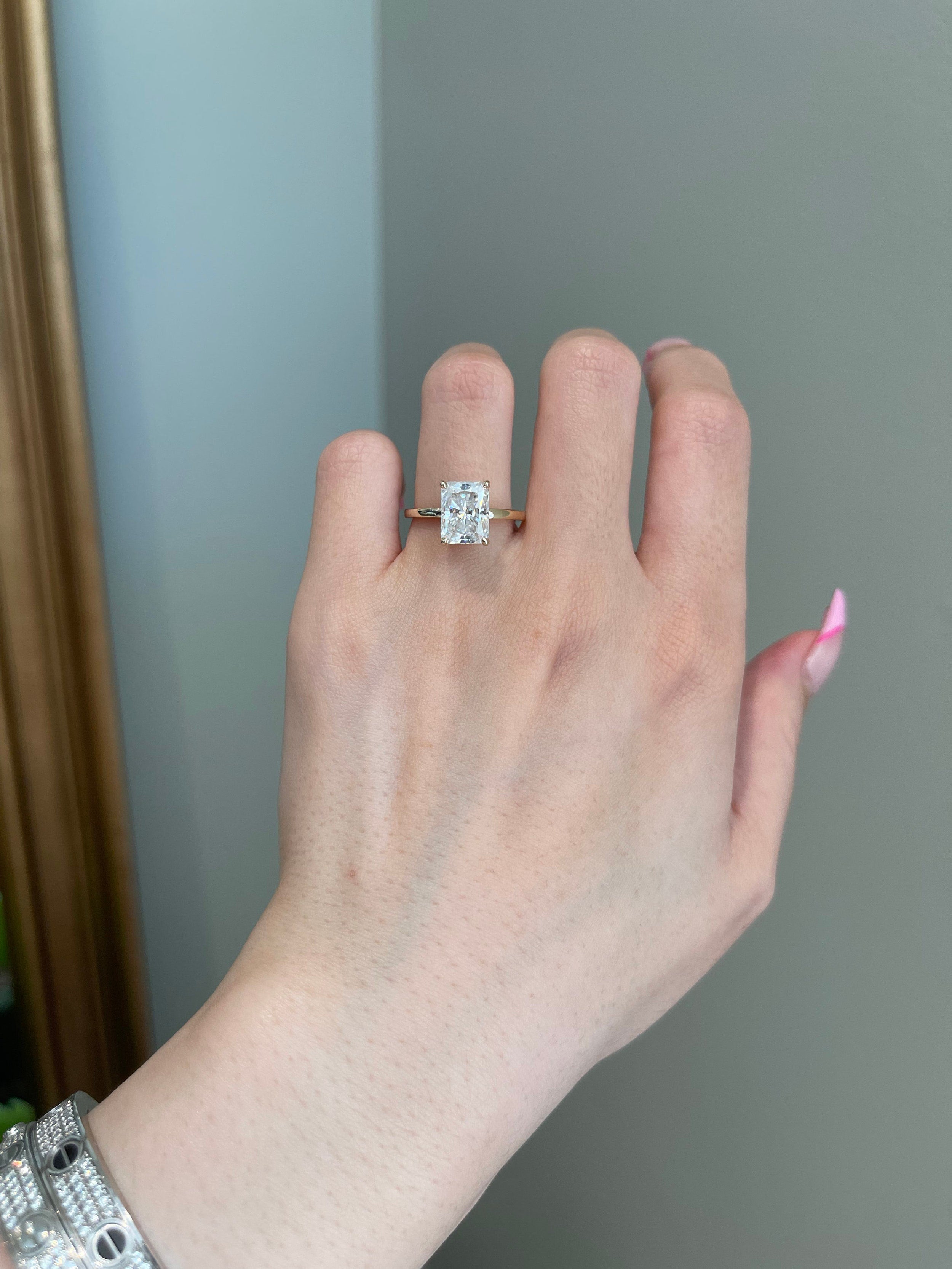 3 CT Radiant Shaped Moissanite Engagement Ring In Hidden Halo Design