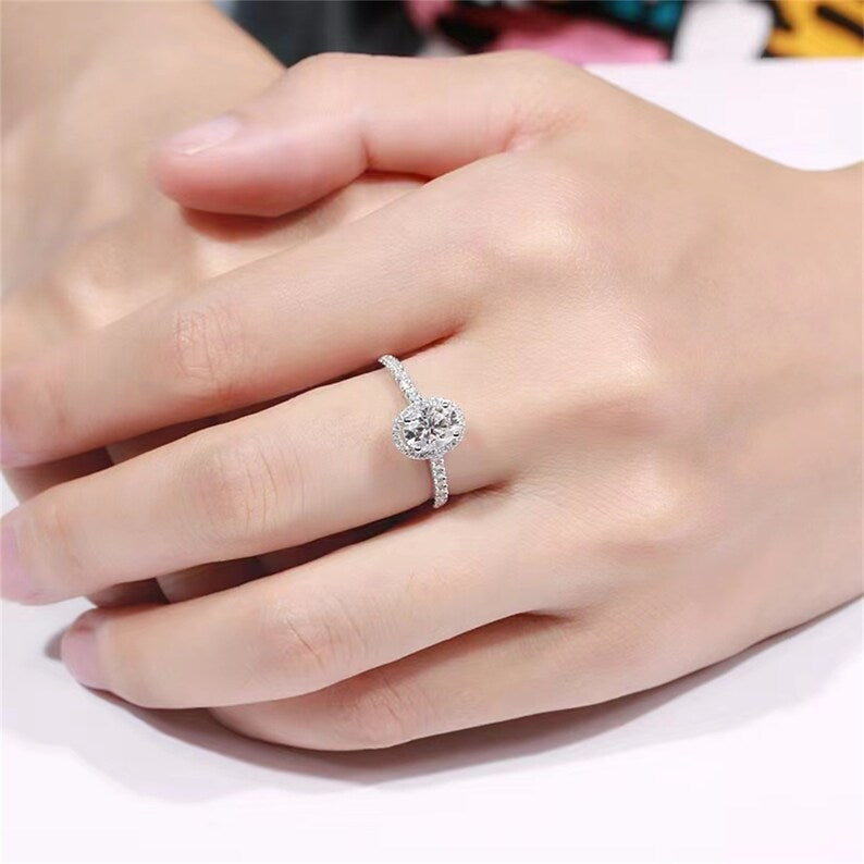1 CT Oval Halo & Pave Moissanite Engagement Ring