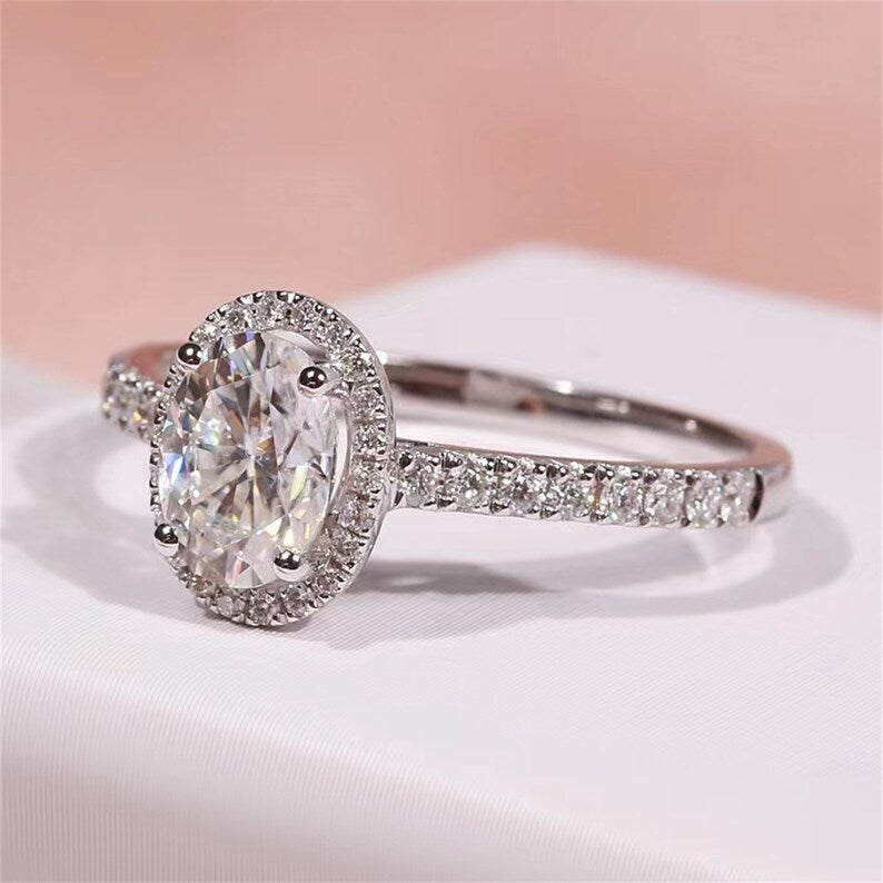 1 CT Oval Halo & Pave Moissanite Engagement Ring