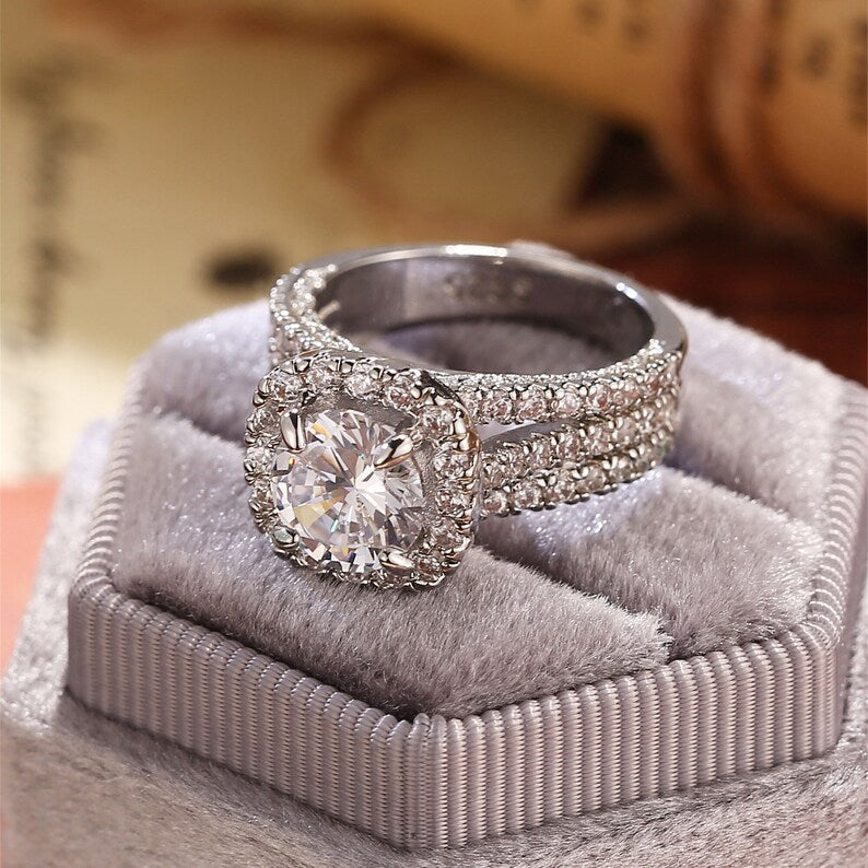 3 CT Round Halo & Triple Pave Moissanite Engagement Ring