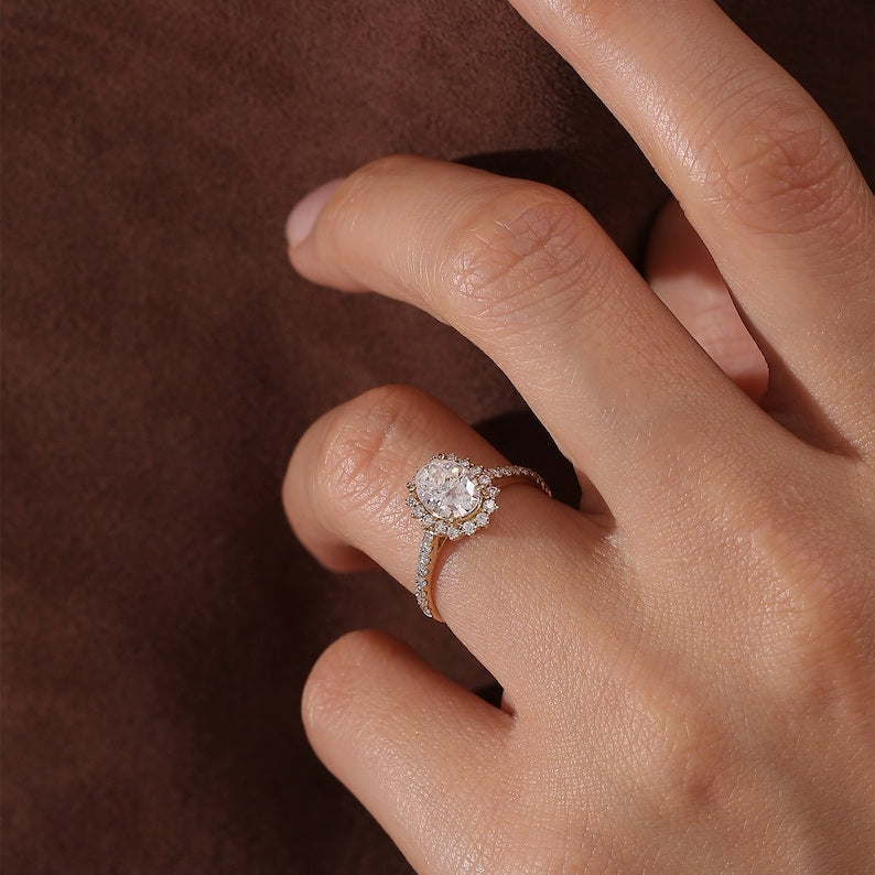 4.5 CT Oval Halo & PaveMoissanite Engagement Ring