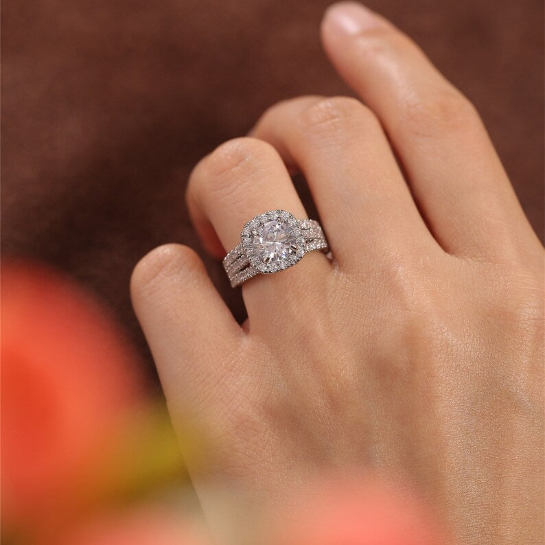 3 CT Round Halo & Triple Pave Moissanite Engagement Ring