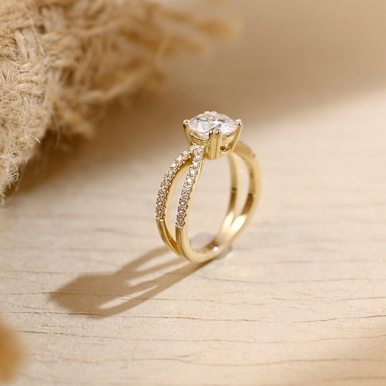 2 CT Round Criss Cross Pave Moissanite Engagement Ring
