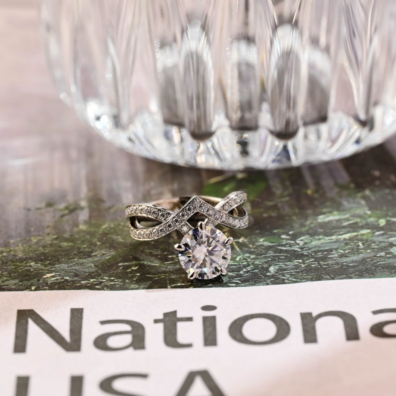 2 CT Round Criss Cross Pave Moissanite Engagement Ring