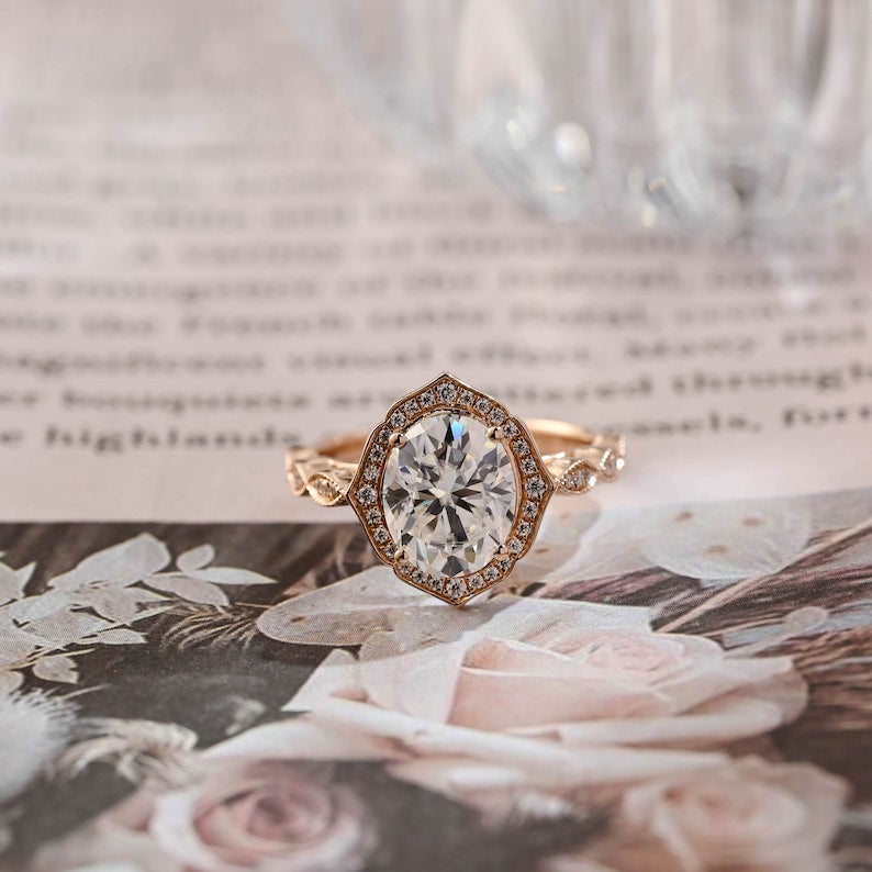 3 CT Oval Halo & Pave Moissanite Engagement Ring