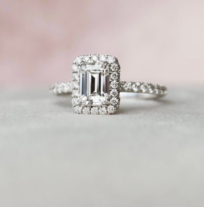 1 CT Emerald Halo & Pave Moissanite Engagement Ring